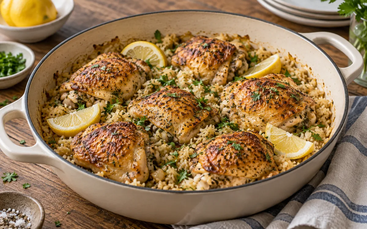 Golden chicken thighs over rice with lemon and herbs