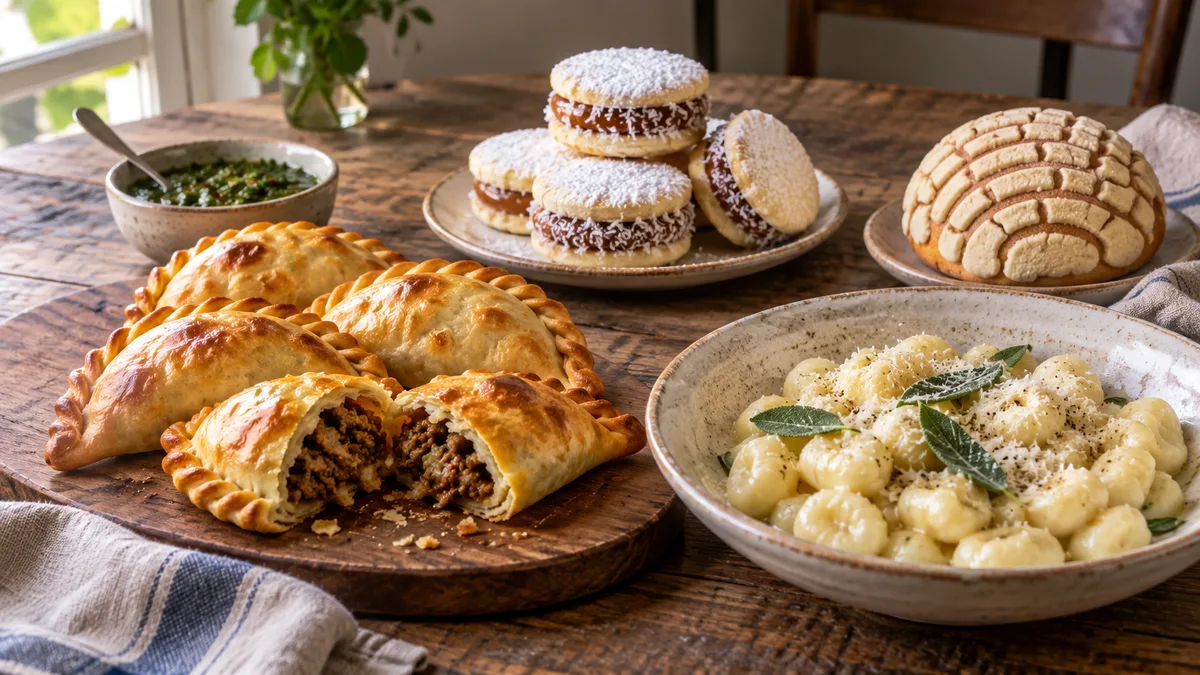 An editorial table of empanadas, alfajores, bread and pasta